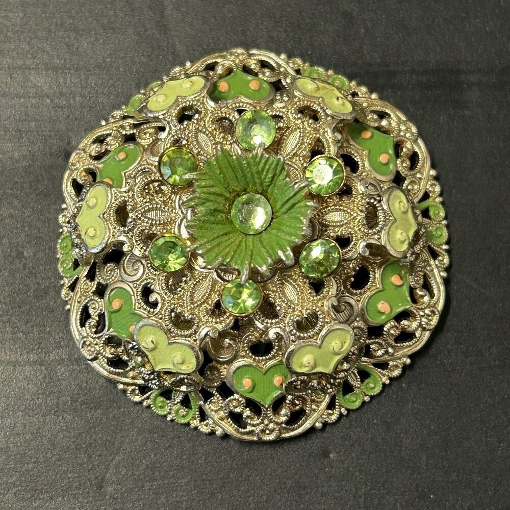 Vintage Filigree Enamel Rhinestone Brooch Marked Western‎ Germany